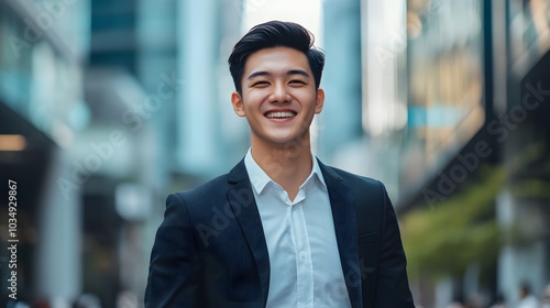 A smiling young man in a suit, standing in an urban setting.