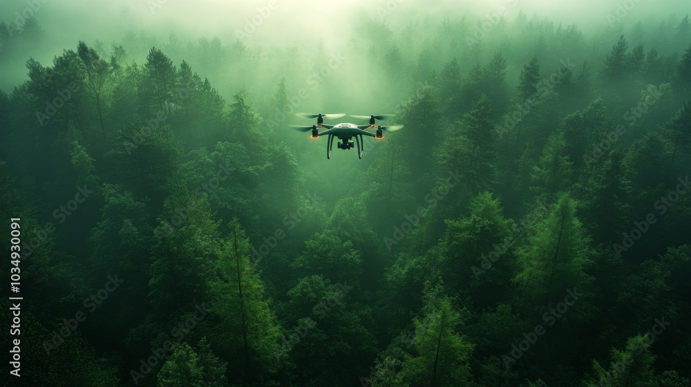 Naklejka premium A drone glides over a lush forest in the early morning, surrounded by mist and towering trees, showcasing the beauty of nature from above.