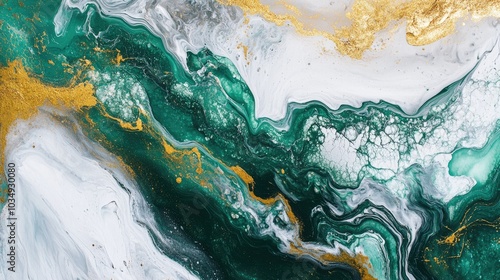 Abstract textured painting featuring green white and gold marble effects