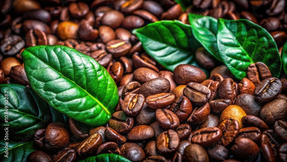 Obraz premium Close-Up Macro Shot of Dark Brown Raw Coffee Beans with Green Leaves for Grinding Process in Night Photography, Capturing the Rich Textures and Natural Beauty of Coffee Preparation