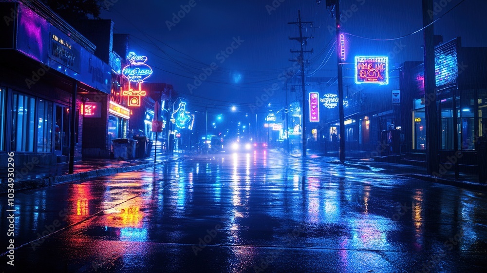 Neon Lights Reflecting on Rainy Street at Night Neon Lights Reflecting on Rainy Street at Night