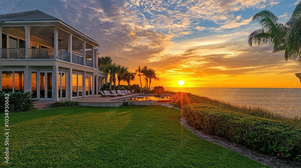 Fototapeta premium Serene Sunset Over Coastal Home with Beautiful Landscape