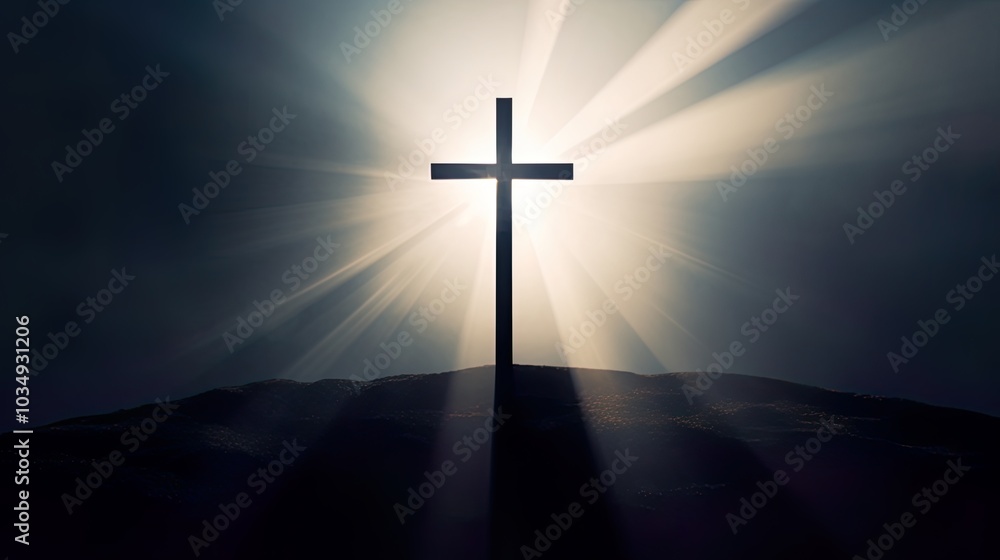 Silhouette Holy cross concept symbol on top mountain Resurrection background with sunlight Silhouette Holy cross concept symbol on top mountain Resurrection background with sunlight