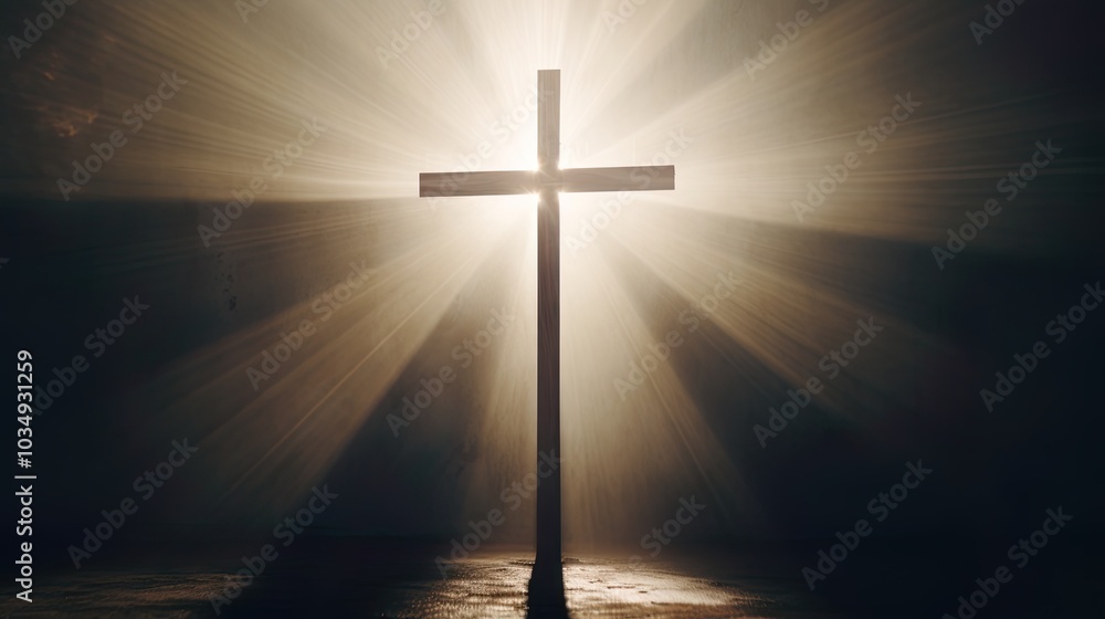 Silhouette Holy cross concept symbol on top mountain Resurrection background with sunlight Silhouette Holy cross concept symbol on top mountain Resurrection background with sunlight