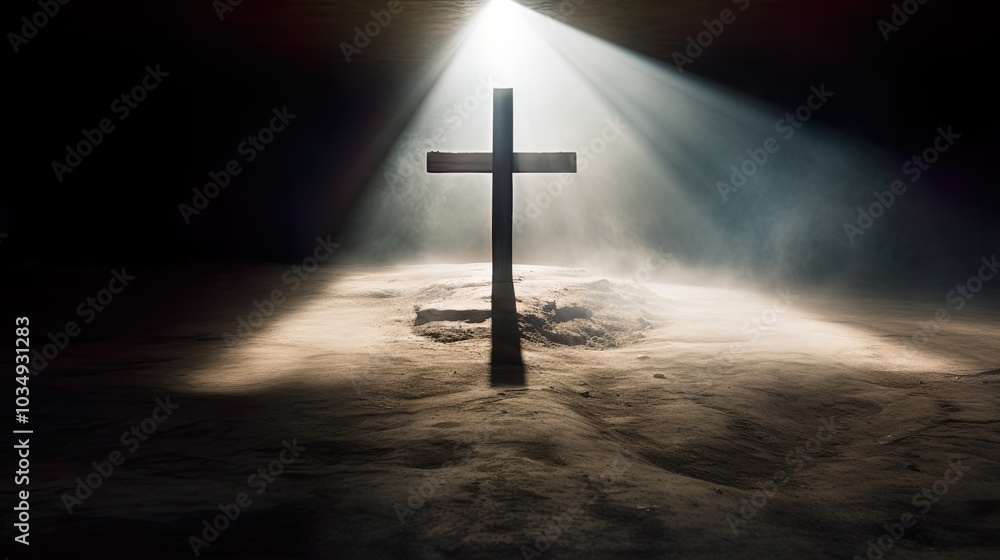 Silhouette Holy cross concept symbol on top mountain Resurrection background with sunlight Silhouette Holy cross concept symbol on top mountain Resurrection background with sunlight