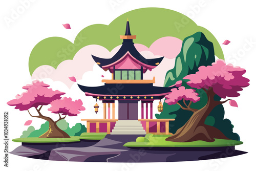 Floating temple architecture in jungle with fluffy cherry blossom illustration white background K.eps