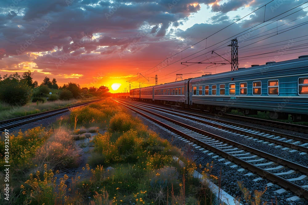 Serene Sunset Over Train Tracks with Lush Greenery Serene Sunset Over Train Tracks with Lush Greenery