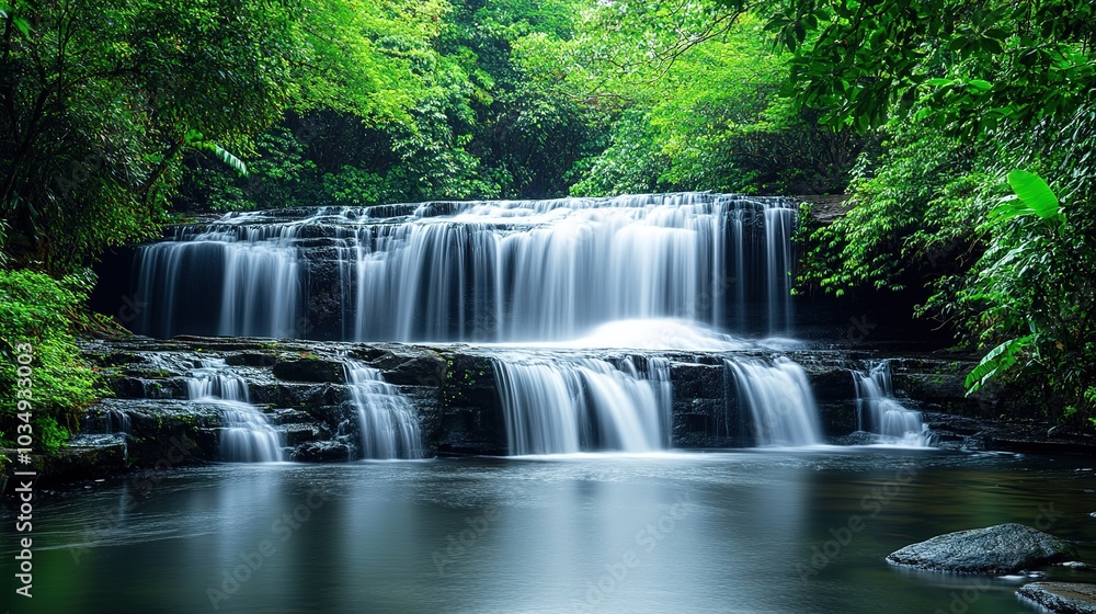 Obraz premium Serene Waterfall in Lush Green Forest