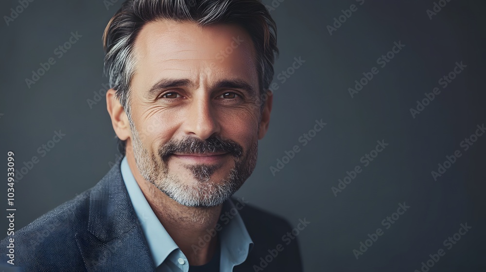 Fototapeta premium Portrait of a Smiling Middle-Aged Man with Grey Hair and a Beard