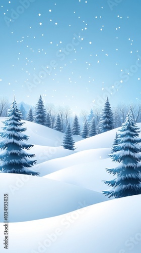 Wallpaper Mural In a tranquil winter landscape, soft snow blankets rolling hills while evergreen trees stand tall, their branches lightly dusted. Snowflakes fall gently from a clear, blue sky Torontodigital.ca
