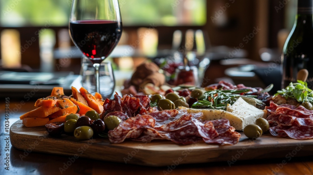 A beautifully arranged antipasto platter with cured meats, olives, cheeses A beautifully arranged antipasto platter with cured meats, olives, cheeses