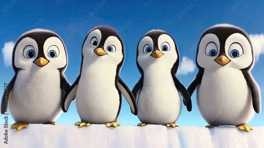 Fototapeta premium Penguins standing on the edge of a frozen glacier, looking out over the icy ocean, with a stunning icy blue sky overhead.