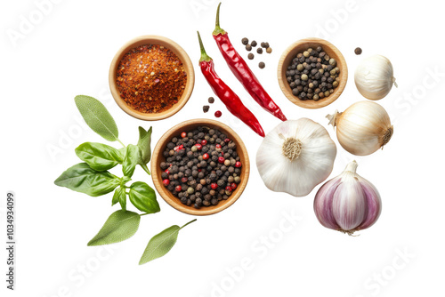 Fototapeta Naklejka Na Ścianę i Meble -  Various of spices and herbs including Garlic, onion, peppers, chili and other isolated on background, fragrant herbs for ingredients.