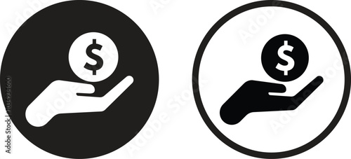 Money in hand icon set in two styles . Money save icon . Dollar sign on hand . Donation funding icon vector