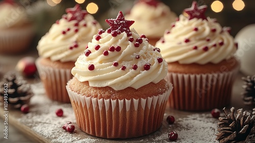 Christmas Tree Cupcakes with Red Berries and Powdered Sugar