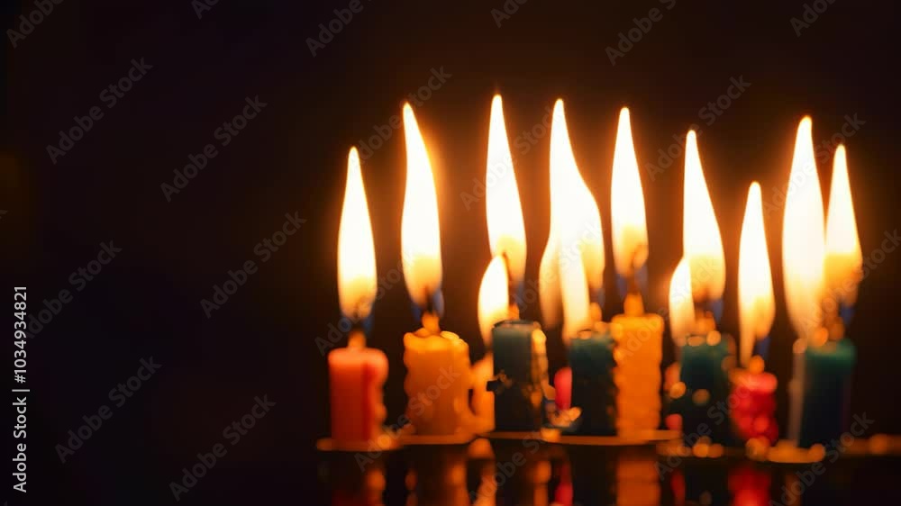 Multiple lit candles arranged on top of a table, providing warm illumination, Brightly lit Hanukkah candles casting a warm glow Multiple lit candles arranged on top of a table, providing warm illumination, Brightly lit Hanukkah candles casting a warm glow