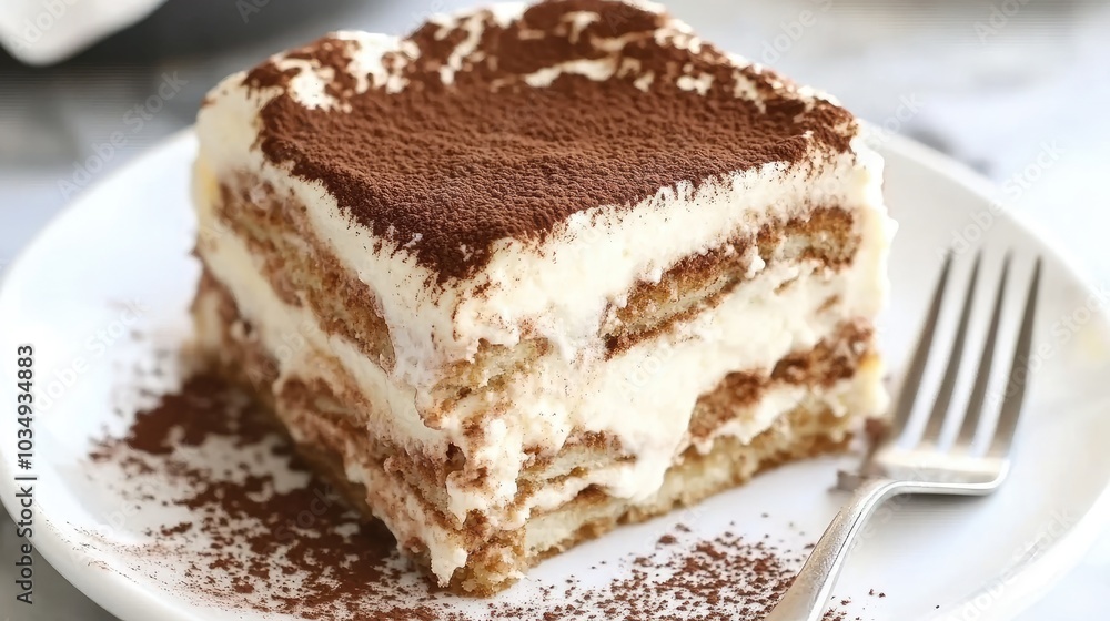 Slice of traditional tiramisu, with creamy mascarpone and cocoa dusting, displayed on a white plate with a fork beside it. The dessert is rich and inviting. Slice of traditional tiramisu, with creamy mascarpone and cocoa dusting, displayed on a white plate with a fork beside it. The dessert is rich and inviting.