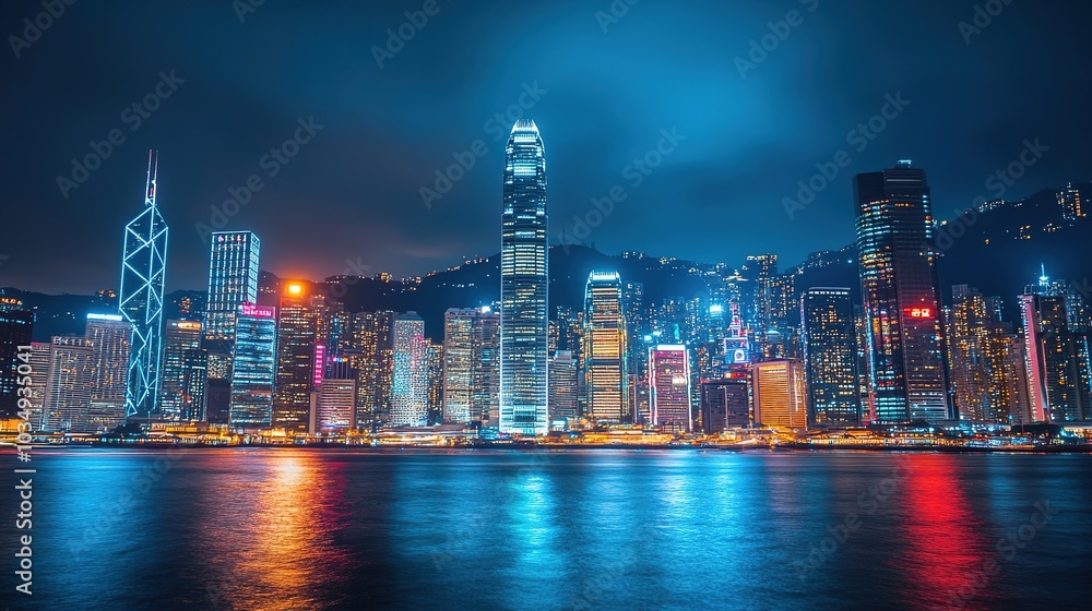 Fototapeta premium Vibrant Night Cityscape of Hong Kong Skyline