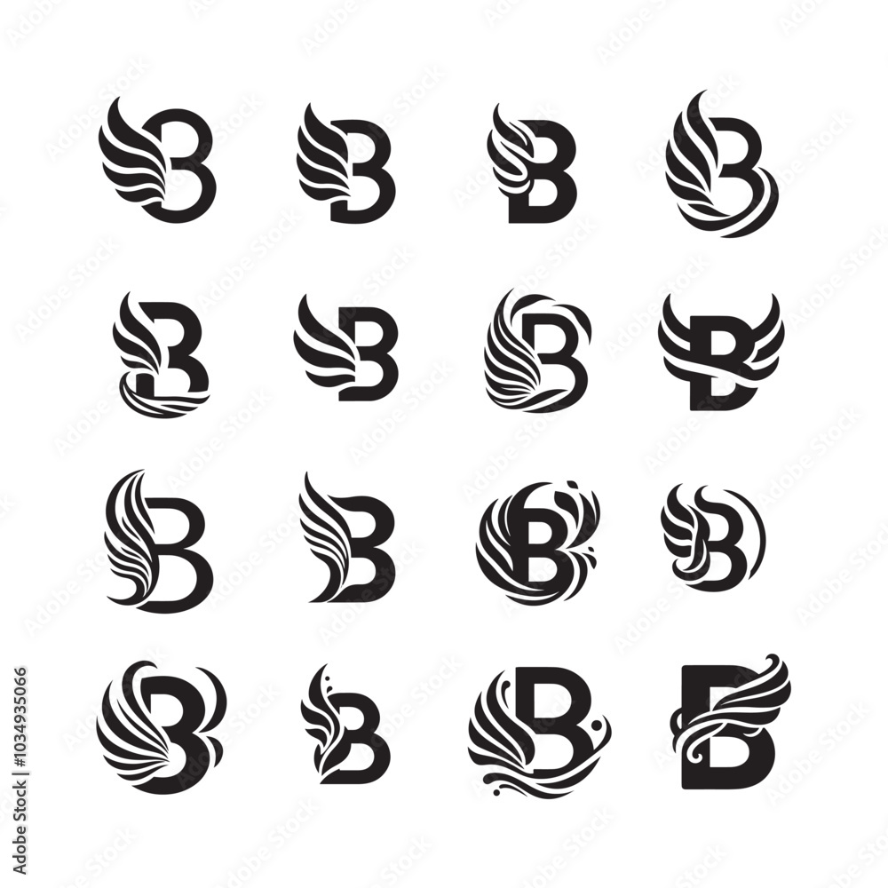 Creative Alphabet Letter B with Wing Shape Silhouette Logo Icon Collection Creative Alphabet Letter B with Wing Shape Silhouette Logo Icon Collection