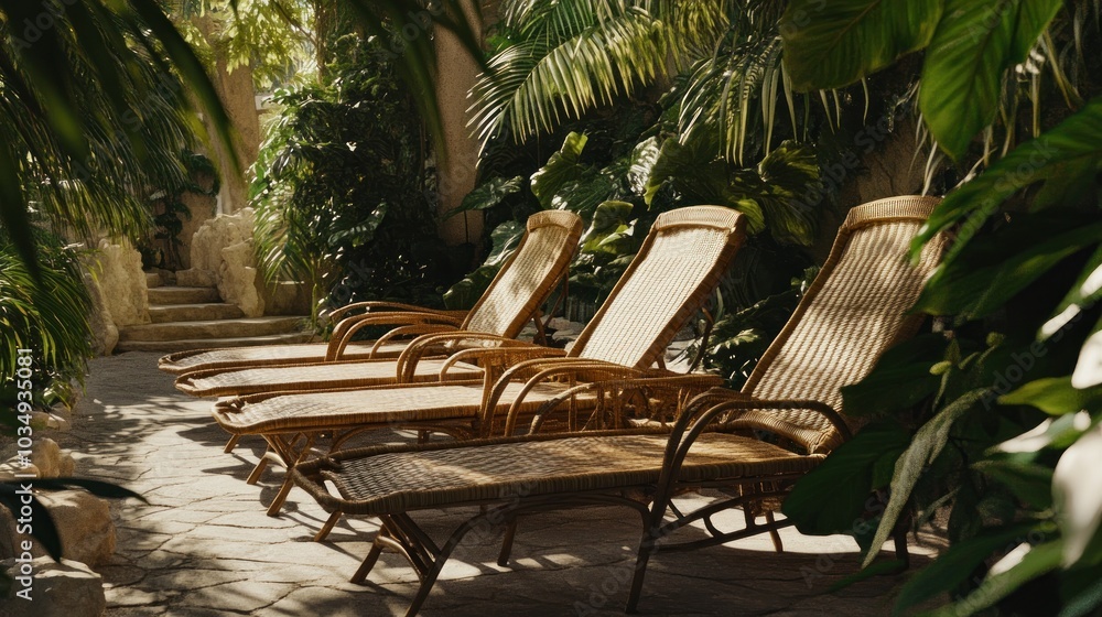 Obraz premium Relaxing Loungers in a Lush Tropical Garden