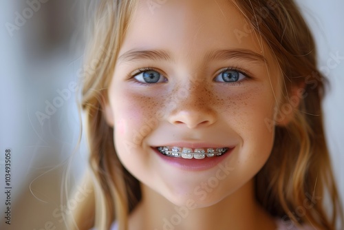 Bright Smile of a Young Girl with Braces and Freckles