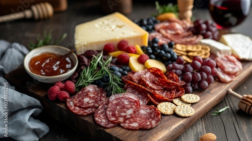 Wallpaper Mural A beautifully arranged charcuterie board featuring an assortment of cured meats, cheeses, fresh fruits Torontodigital.ca