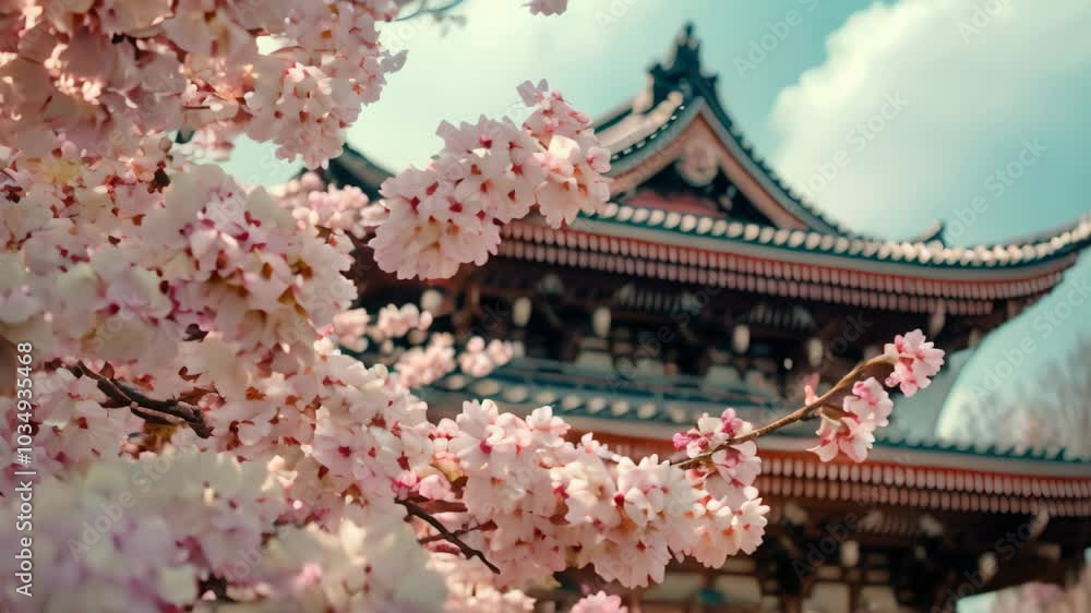 A Video capturing the vibrant cherry blossoms in full bloom in front of a traditional pagoda, Cherry blossom trees blooming around an ancient temple A Video capturing the vibrant cherry blossoms in full bloom in front of a traditional pagoda, Cherry blossom trees blooming around an ancient temple