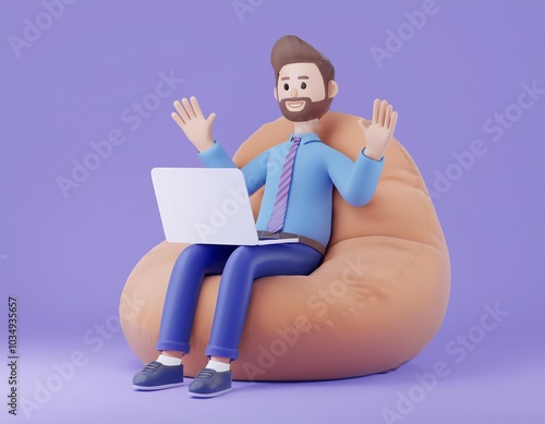 3D cartoon man with a beard is sitting in a bean bag chair waving and looking at a laptop