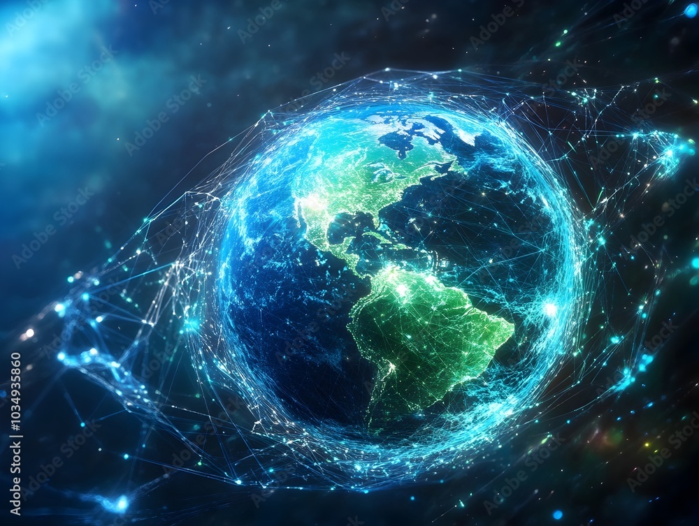 Obraz premium Quantum Entangled Parallel Earths Connected by Digital Internet Network