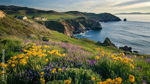 An island retreat surrounded by vibrant wildflowers and soft, rolling hills.