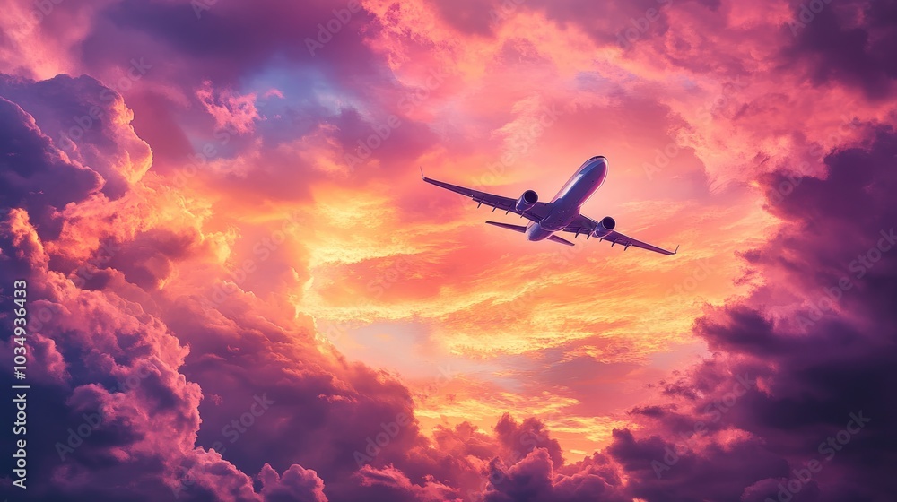 Airplane soaring through a vibrant sunset sky Airplane soaring through a vibrant sunset sky