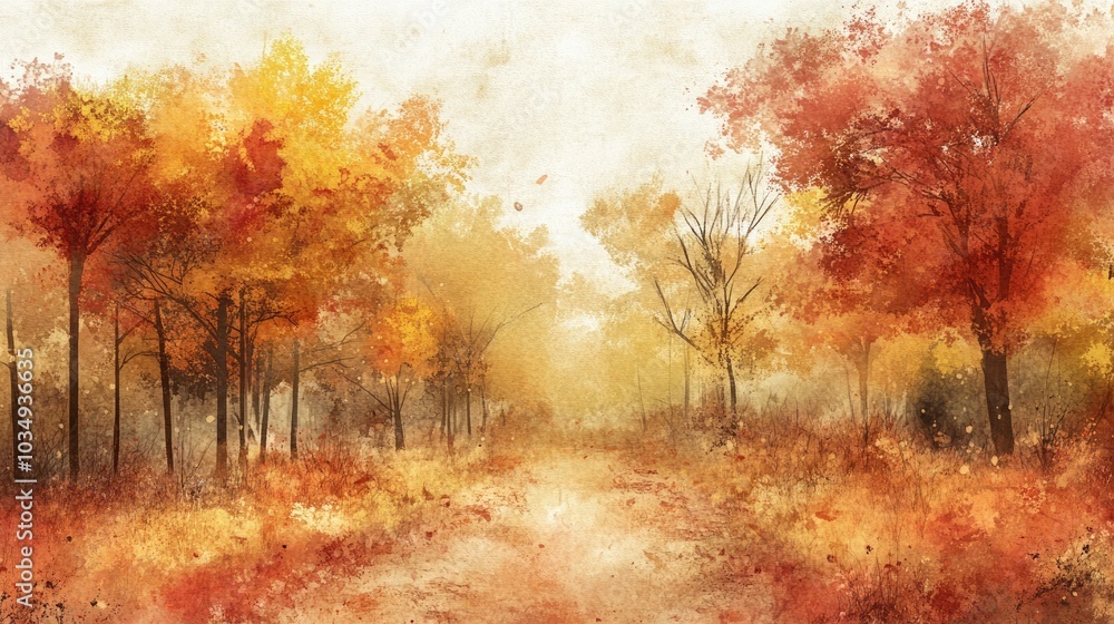 Fototapeta premium Autumn pathway Digital watercolor illustration capturing the essence of the season and its natural beauty