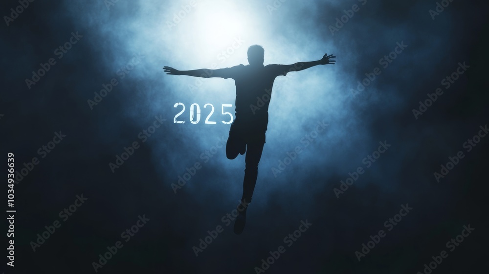 A silhouette mid-jump towards 2025 with the numbers appearing through a dense fog, creating a mysterious and intriguing scene A silhouette mid-jump towards 2025 with the numbers appearing through a dense fog, creating a mysterious and intriguing scene