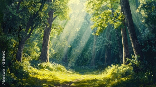 A tranquil forest setting where sunlight streams through vibrant green trees establishing a peaceful and serene ambiance