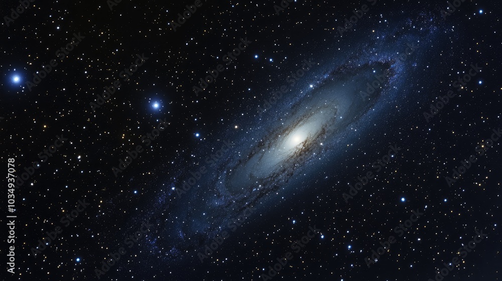 Naklejka premium Stunning night sky featuring numerous stars with the Andromeda galaxy in view Captured through a long exposure stacked photography technique