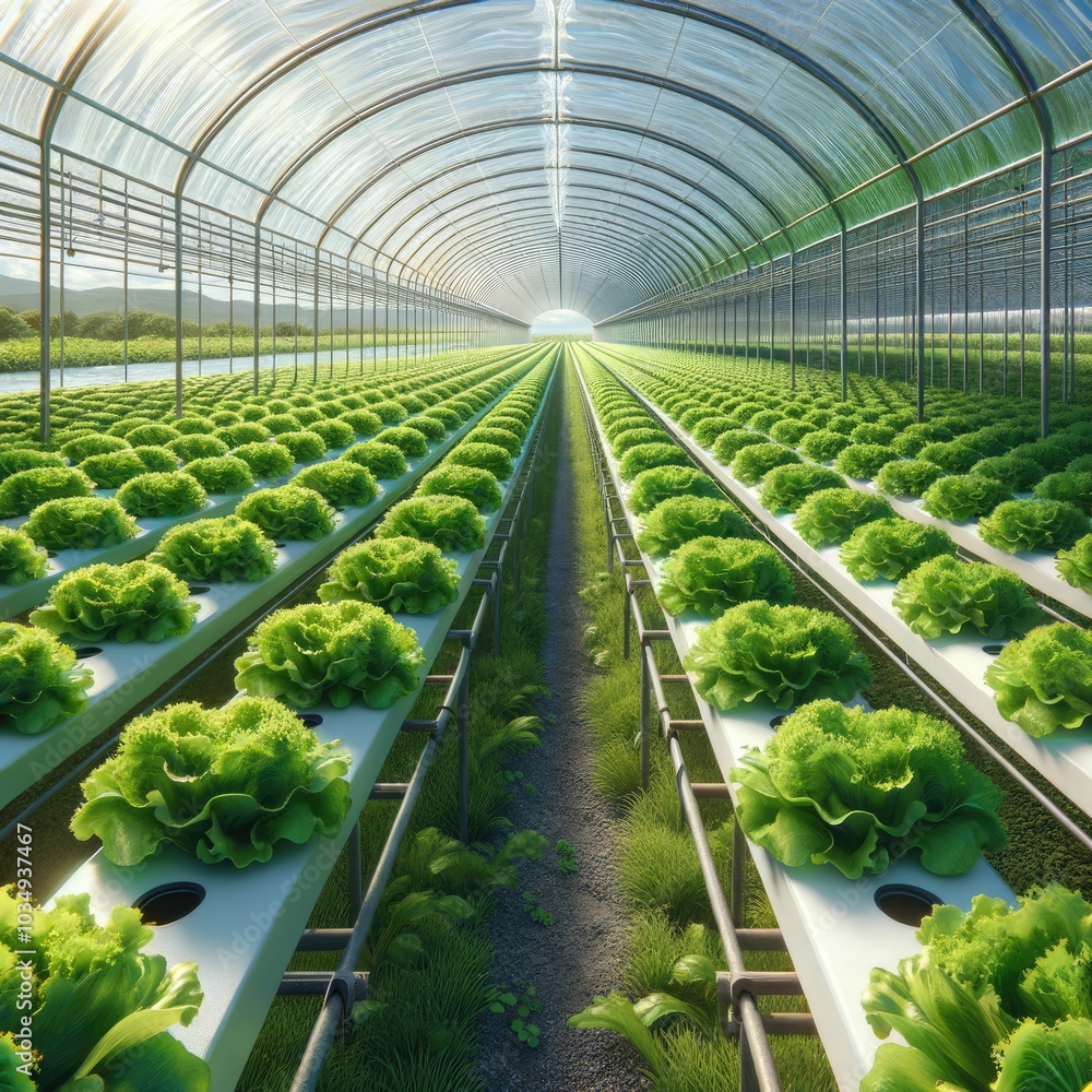 High-Precision Hydroponic Greenhouse with Lush Lettuce Rows Showcasing Sustainable Farming Techniques and Advanced Agricultural Technology in Sunlit Environment