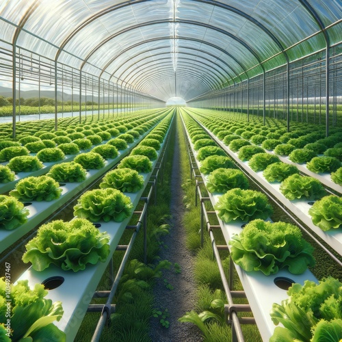 Obraz na płótnie High-Precision Hydroponic Greenhouse with Lush Lettuce Rows Showcasing Sustainable Farming Techniques and Advanced Agricultural Technology in Sunlit Environment w salonie