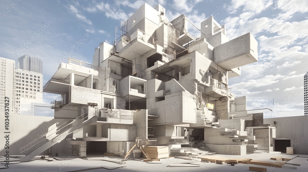 Naklejka premium Futuristic Psychokinetic Construction Site with Impossible Modular Architecture