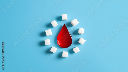 World diabetes day, 14 november, awareness banner with red blood drop and sugar cubes. concept with copy space on blue background