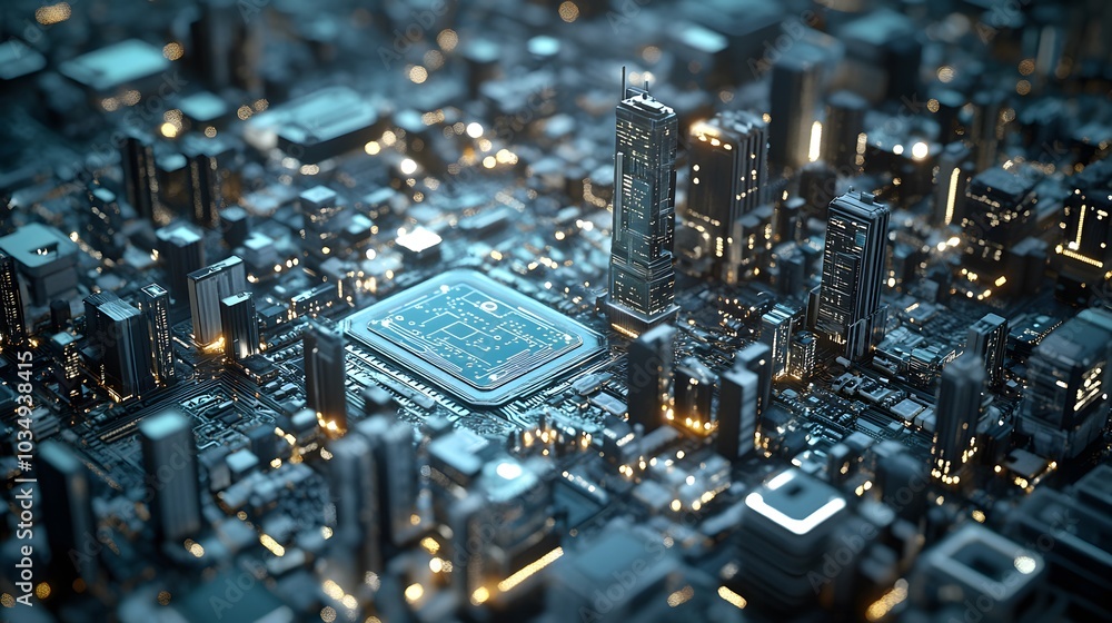 3d illustration of futuristic micro chip city. Computer science information technology background. Sci fi megalopolis. 3d illustration of futuristic micro chip city. Computer science information technology background. Sci fi megalopolis.