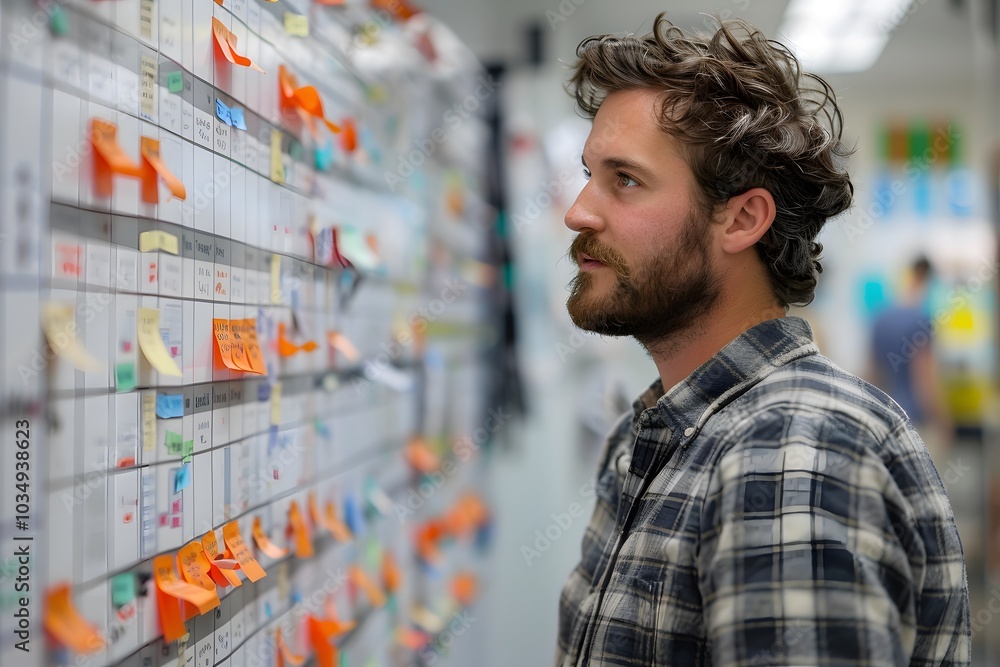 Focused Professional Analyzing Project Management Board with Colorful Sticky Notes Focused Professional Analyzing Project Management Board with Colorful Sticky Notes