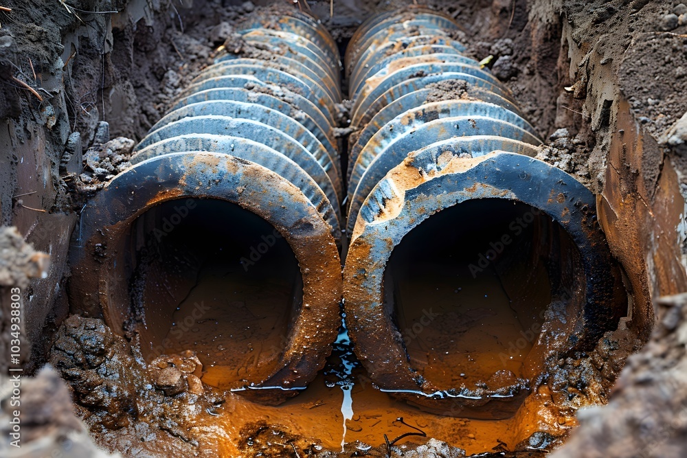 Underground Drainage Pipes Surrounded by Soil and Water Underground Drainage Pipes Surrounded by Soil and Water