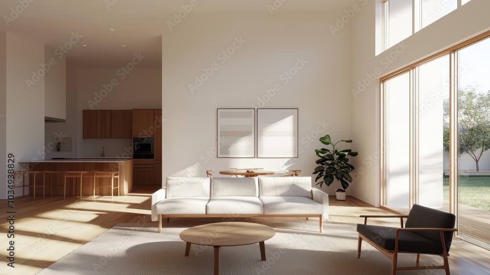 Fototapeta premium Bright and airy living room featuring sleek modern furniture and abundant natural light for a stylish ambiance.