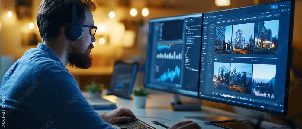 Man working on dual monitor setup, focused Man working on dual monitor setup, focused