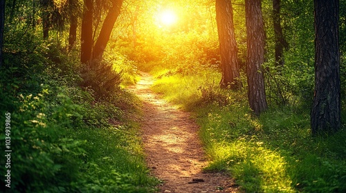 Serene Forest Pathway at Sunset Glow