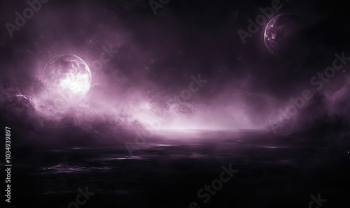 Two moons in a purple sky over a dark ocean.