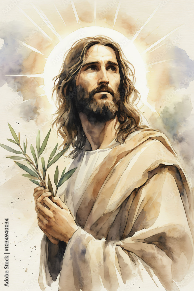Obraz premium Jesus Christ holding an olive branch watercolor illustration
