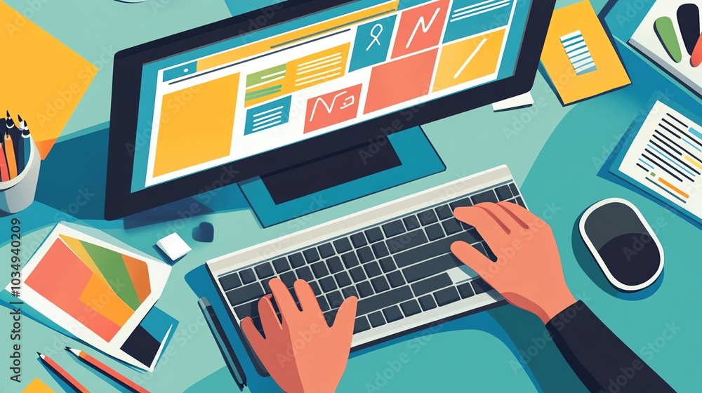 Hands typing on keyboard, workspace setup Hands typing on keyboard, workspace setup