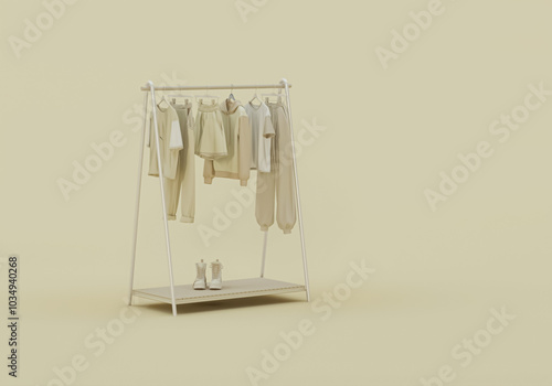 Wallpaper Mural Clothes hanging on a rack, lamp and armchair on beige background. Creative composition. Light background with copy space. 3D render for web page, presentation, studio, store fashion	 Torontodigital.ca