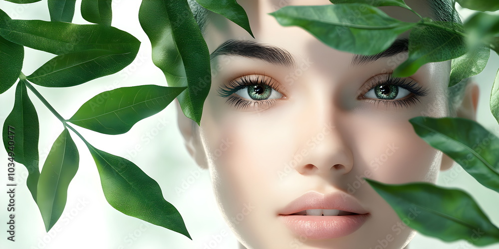 Natural cosmetics. Woman with perfect skin surrounded by green leaves. Natural beauty, gifts of nature. Organic ingredients for skin care. .Cosmetology banner Natural cosmetics. Woman with perfect skin surrounded by green leaves. Natural beauty, gifts of nature. Organic ingredients for skin care. .Cosmetology banner